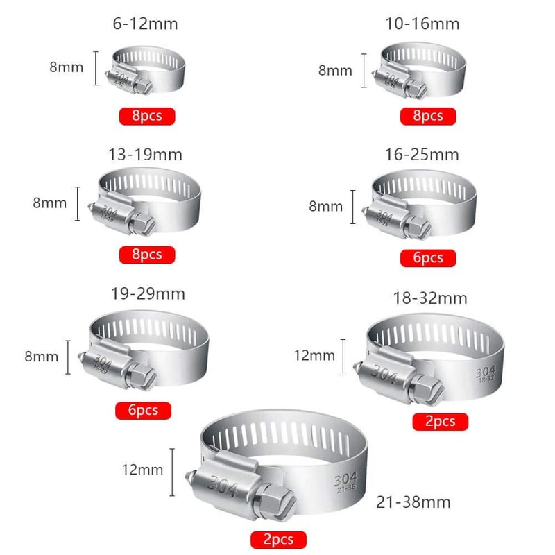 Selizo 40Pcs Hose Clamp Including 7 Sizes Adjustable Pipe Tube Clamps 304 Stainless Steel Hose Clips - Image 1
